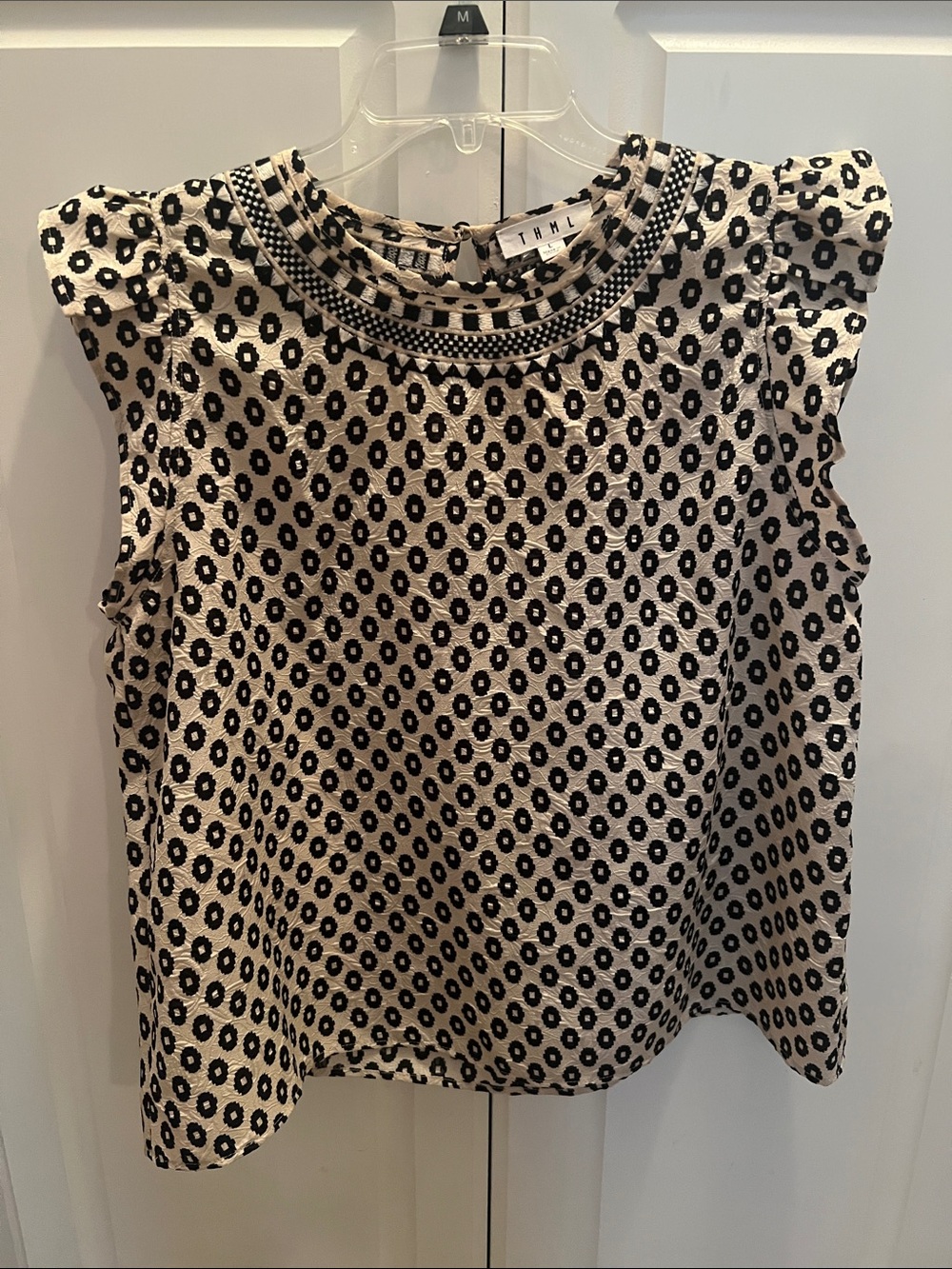 THML Black & Cream Printed Ruffle-Sleeve Top
